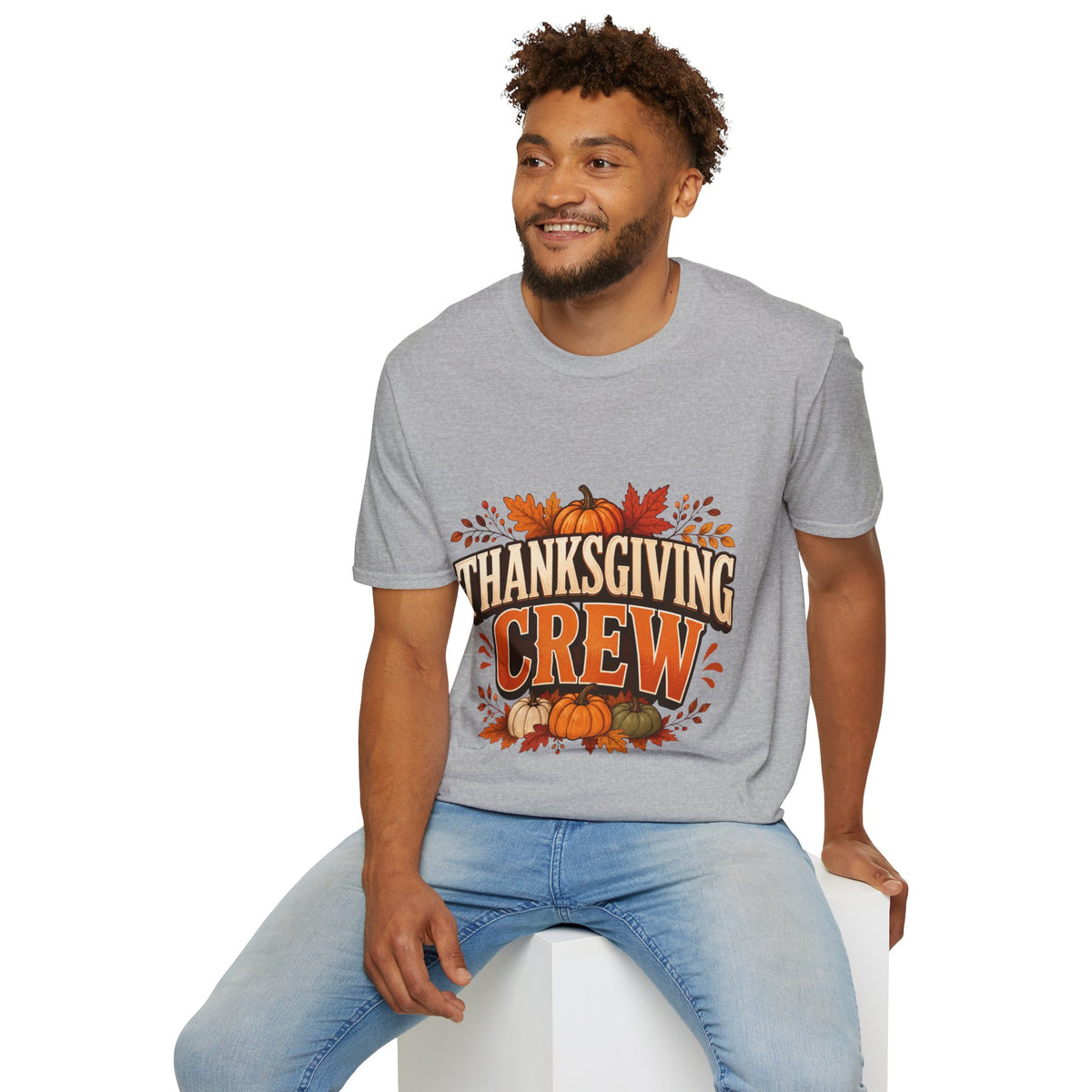 Thanksgiving T-Shirt Crew T-Shirt— Festive Pumpkin & Fall Leaves Holiday Tee