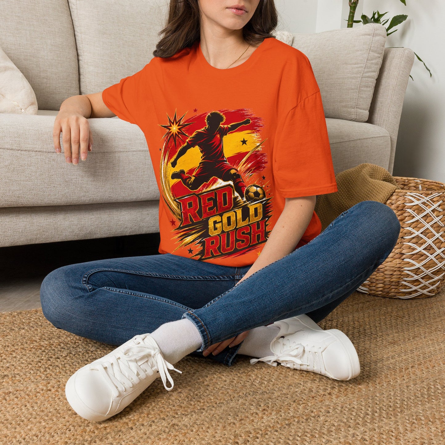 Spain Red & Gold Rush Soccer T-Shirt — Retro Soccer Player Graphic