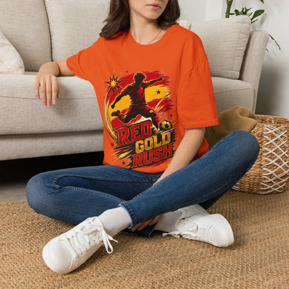 Spain Red & Gold Rush Soccer T-Shirt — Retro Soccer Player Graphic