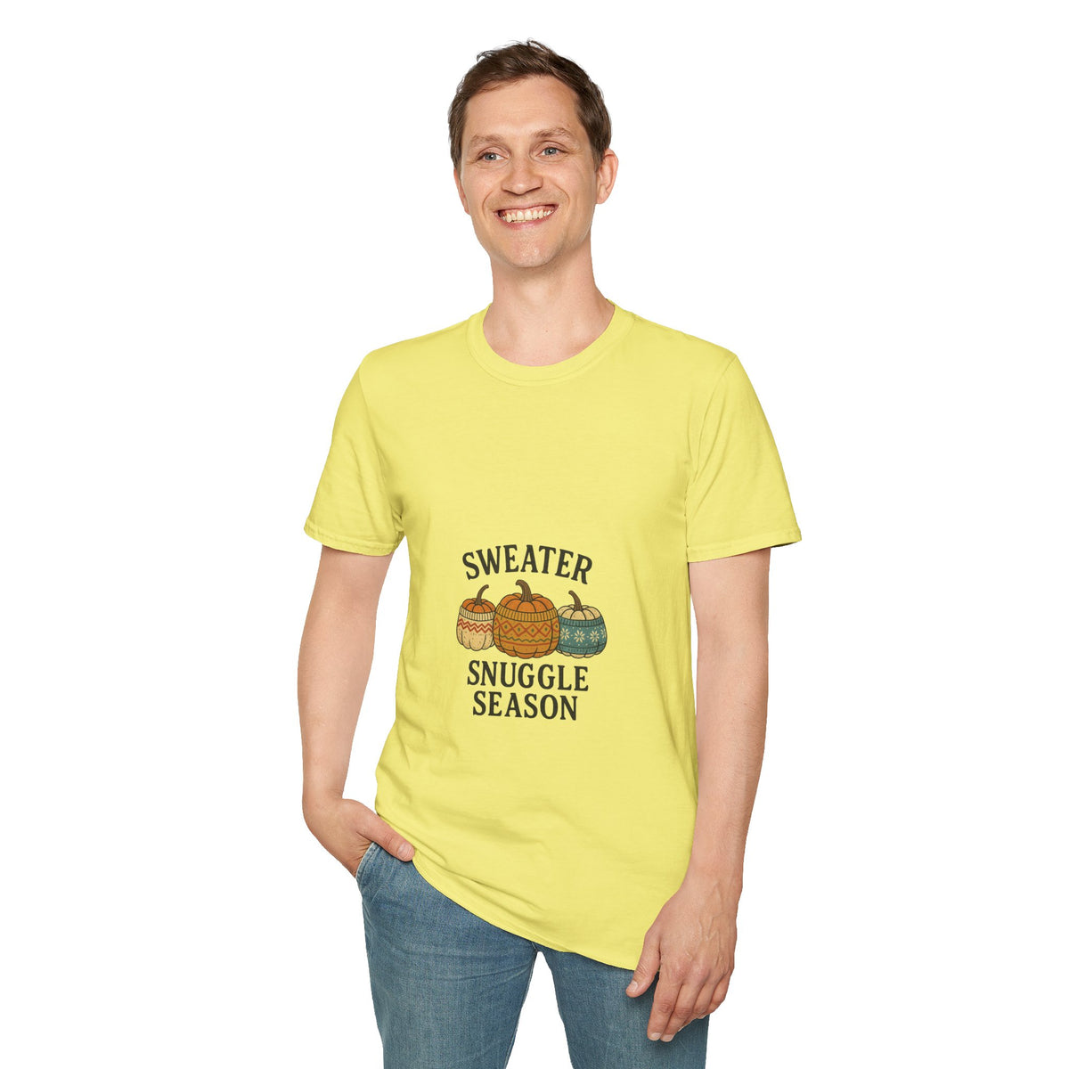 T-Shirt — "Sweater Snuggle Season" Autumn Pumpkin Sweater Graphic - Trending Now - October 2026