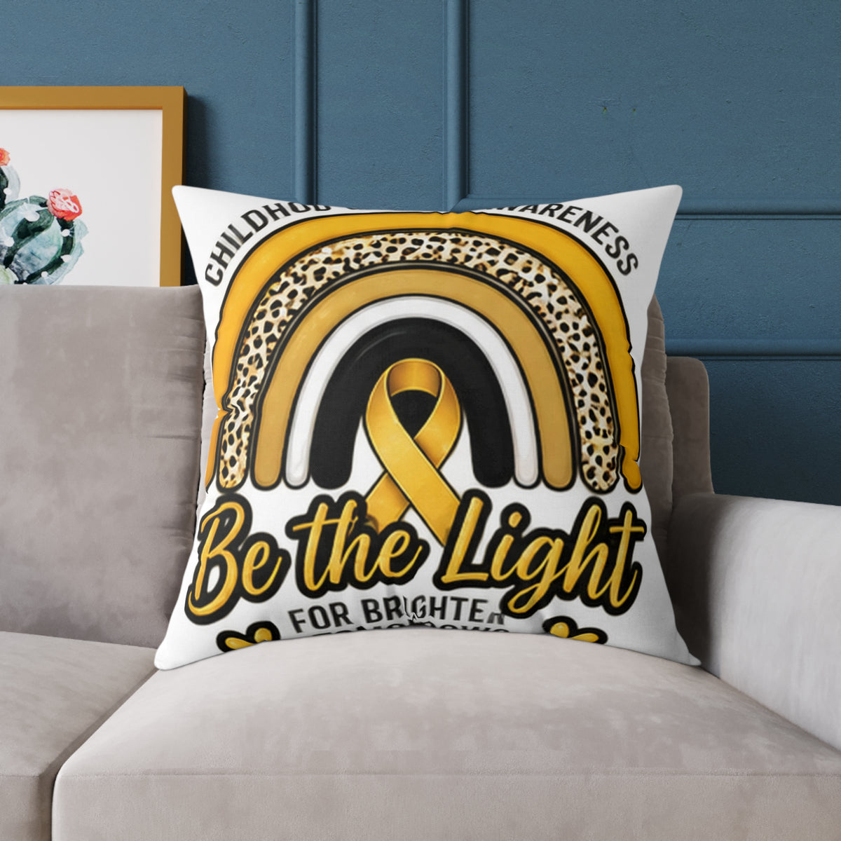 Childhood Cancer Awareness Pillow – "Be the Light" Gold Ribbon Square Pillow