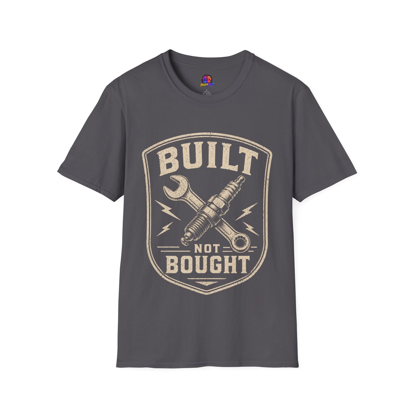 Built Not Bought T-Shirt — Vintage Mechanic Wrench & Spark Plug Design
