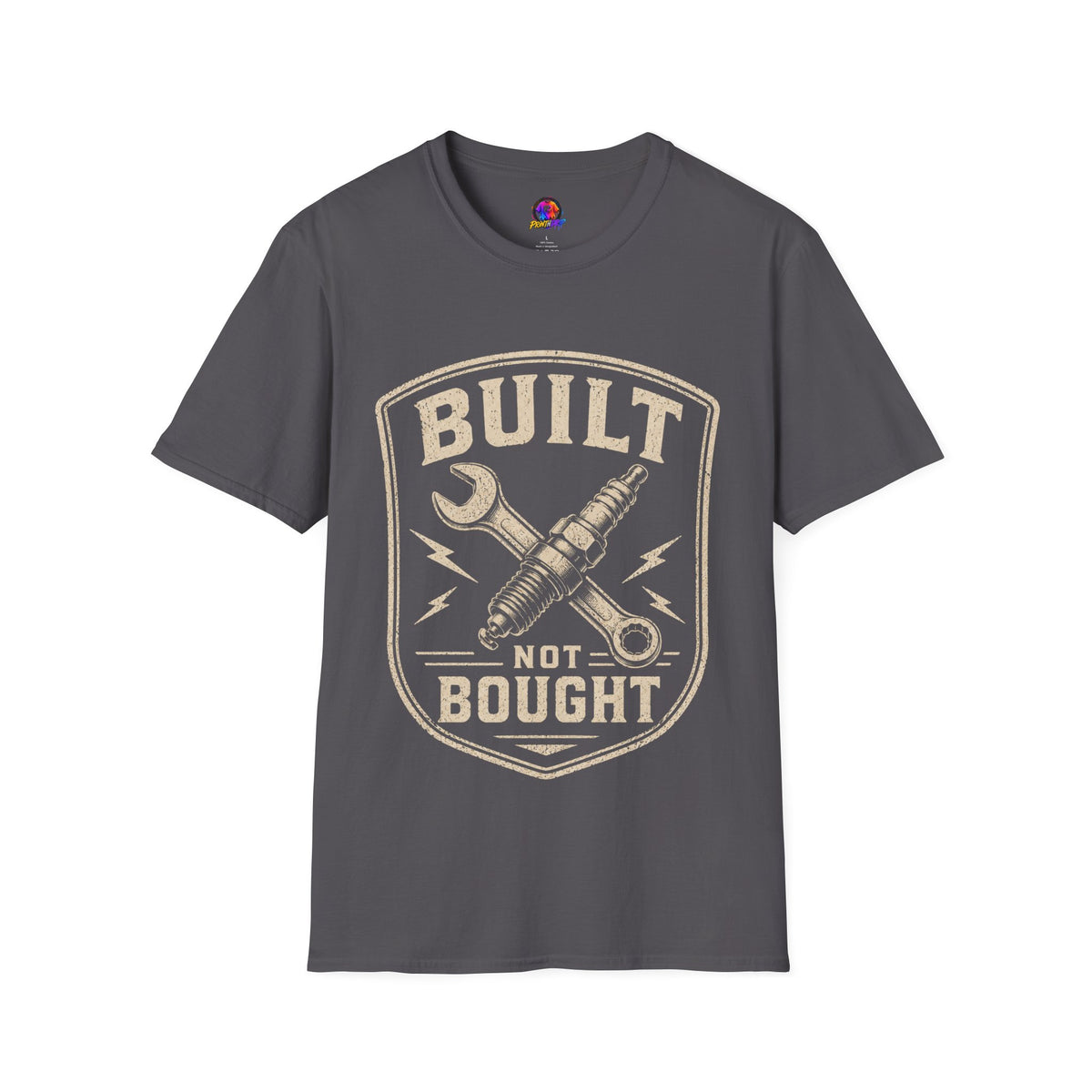 Built Not Bought T-Shirt — Vintage Mechanic Wrench & Spark Plug Design