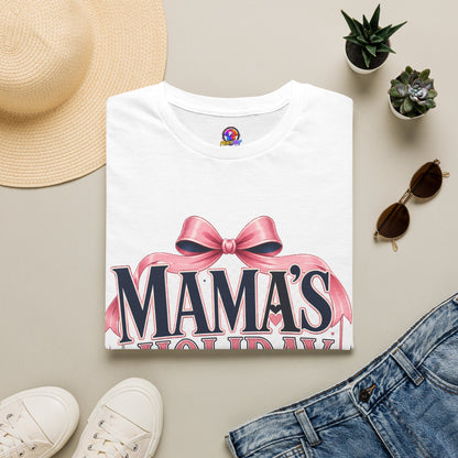 Mama's Holiday Era T-Shirt — Festive Pink Bow Christmas Tee for Moms