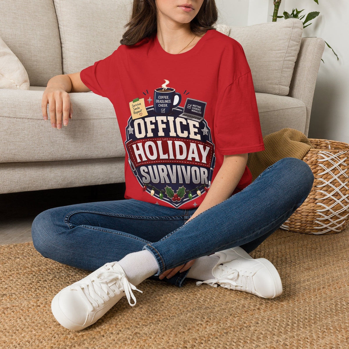 Office Holiday Survivor T-Shirt — Coffee, Deadlines & Cheer Work Shirt