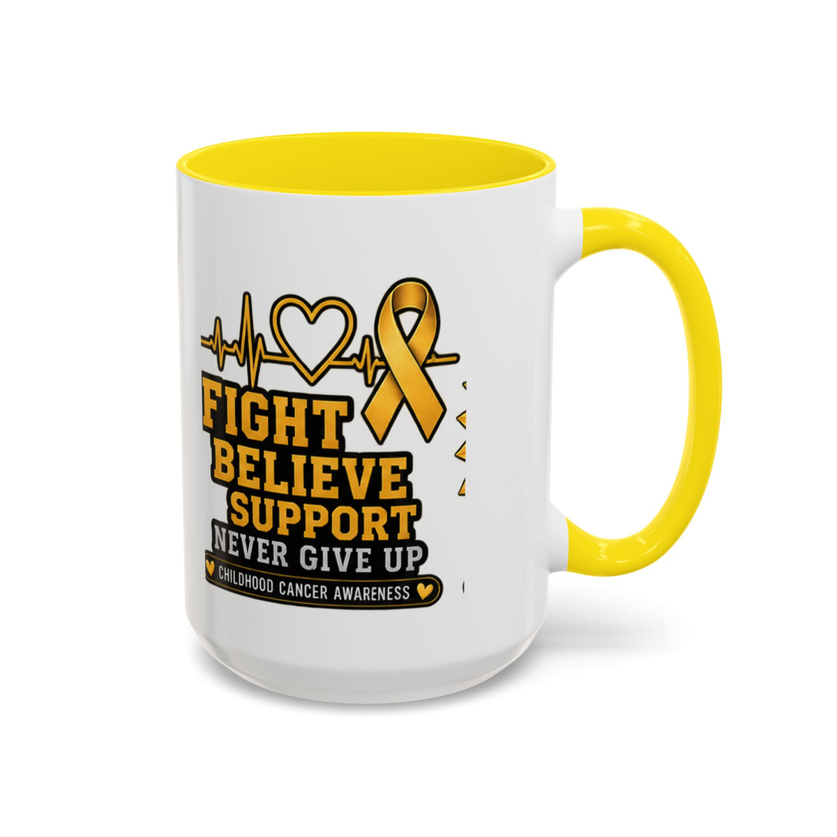 Childhood Cancer Awareness Accent Coffee Mug — "Fight Believe Support" 11/15oz