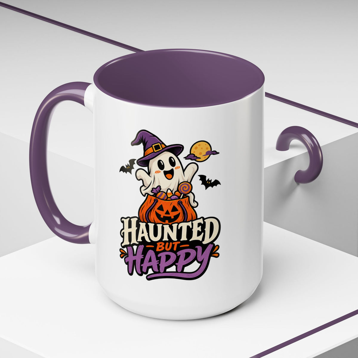 Haunted But Happy Coffee Mug — Halloween Ghost Pumpkin Accent Mug (11/15oz)
