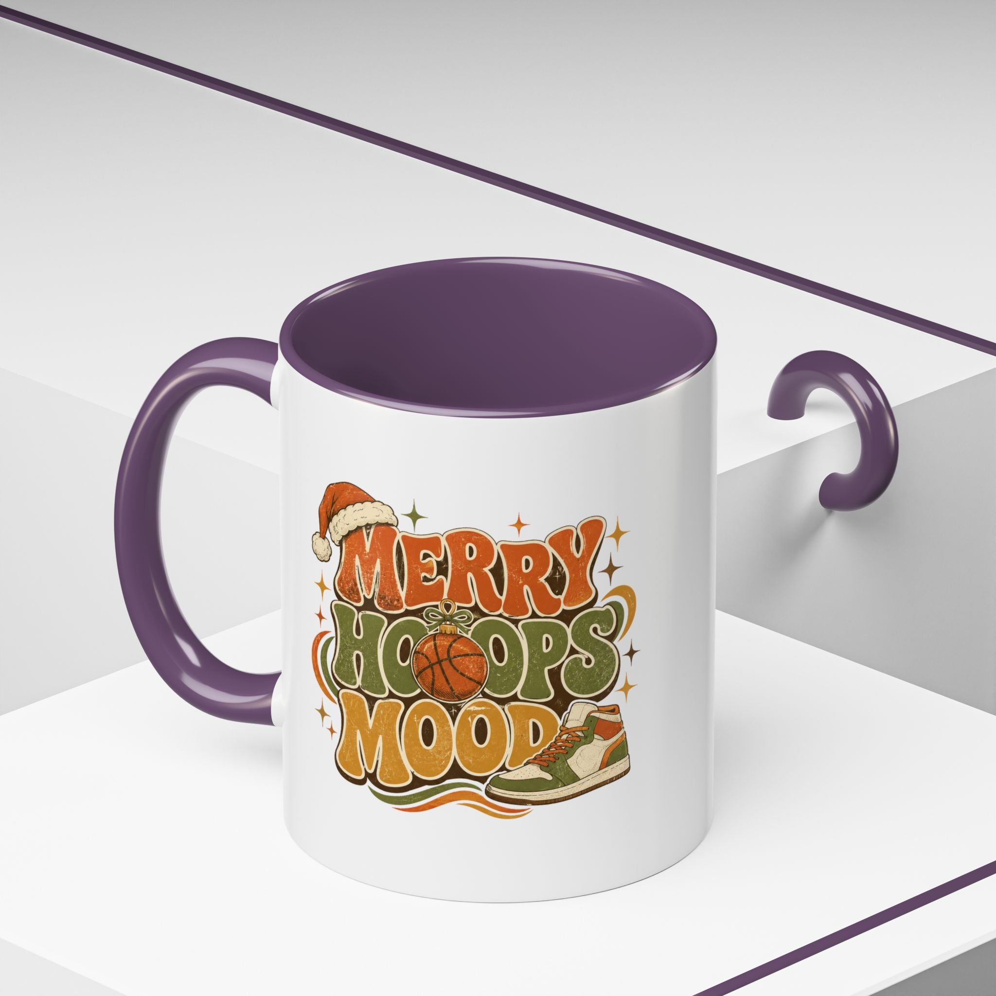 Modern Day Christmas Merry Hoops Mood Accent Coffee Mug — Retro Basketball Christmas Design
