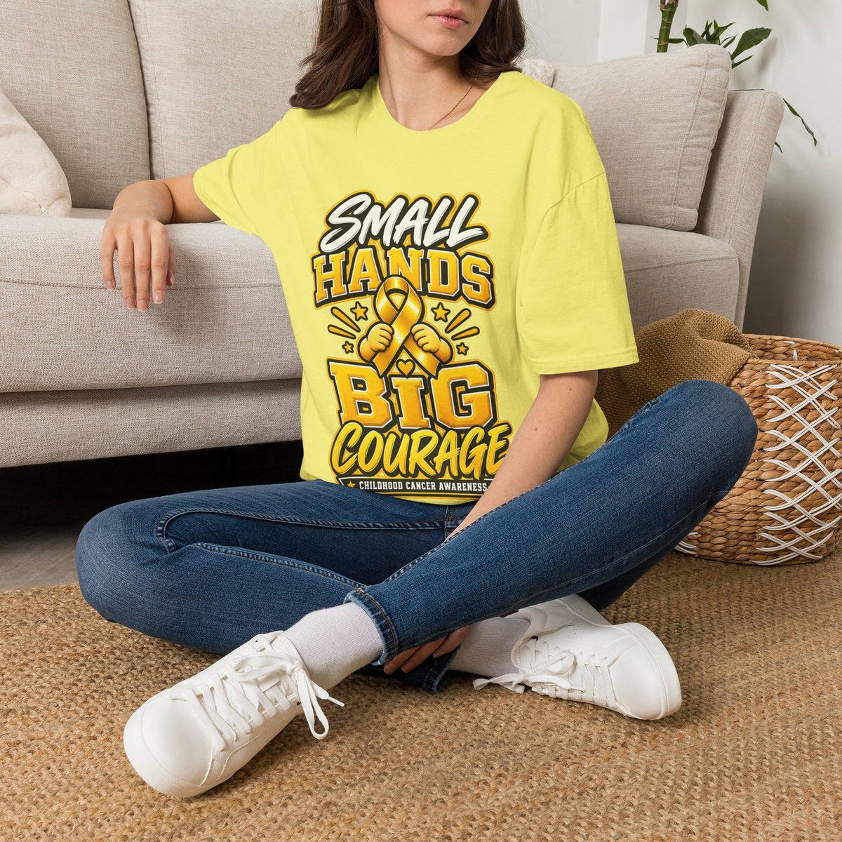 Children's Cancer Awareness T-Shirt — "Small Hands Big Courage" Yellow Ribbon