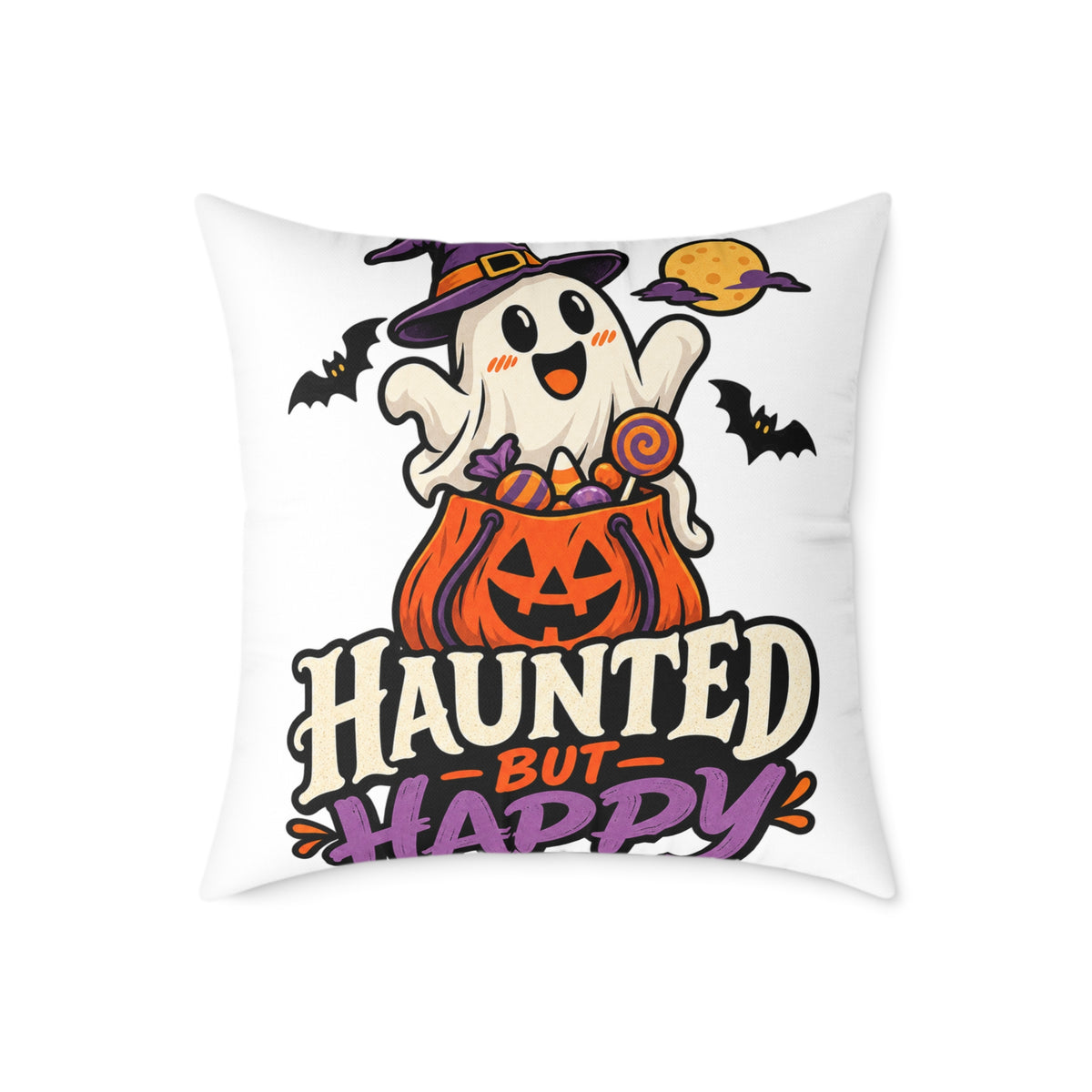 Halloween Ghost Pumpkin Pillow — "Haunted But Happy" Square Throw Pillow