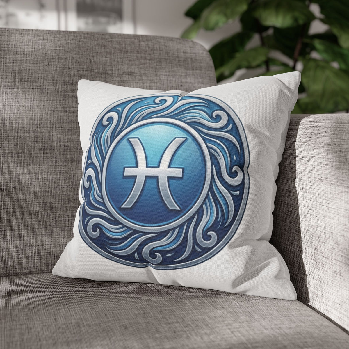 Pisces Zodiac Pillow Cover — Blue Astrological Symbol Decorative Throw Pillowcase