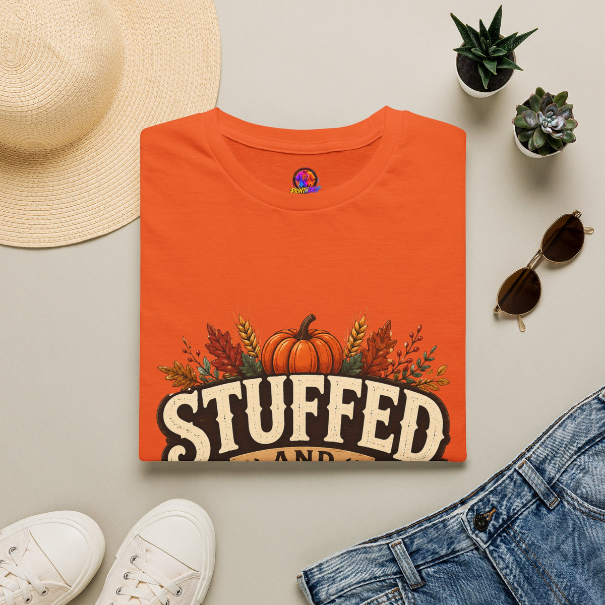 Thanksgiving T-Shirt Stuffed and Thankful T-Shirt — Thanksgiving Pumpkin Fall Graphic Tee