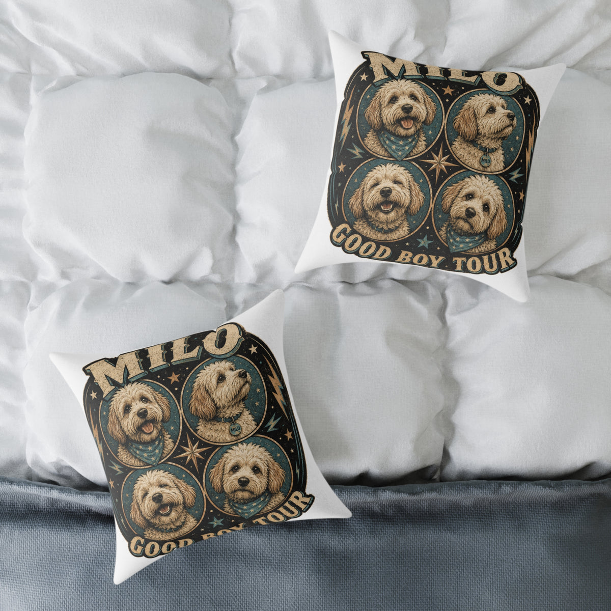Personalized Dog Pillow  Milo Bailey Dog Dad Mom— 'Milo' Retro Pet Portrait Cushion (Good Boy Tour Design)