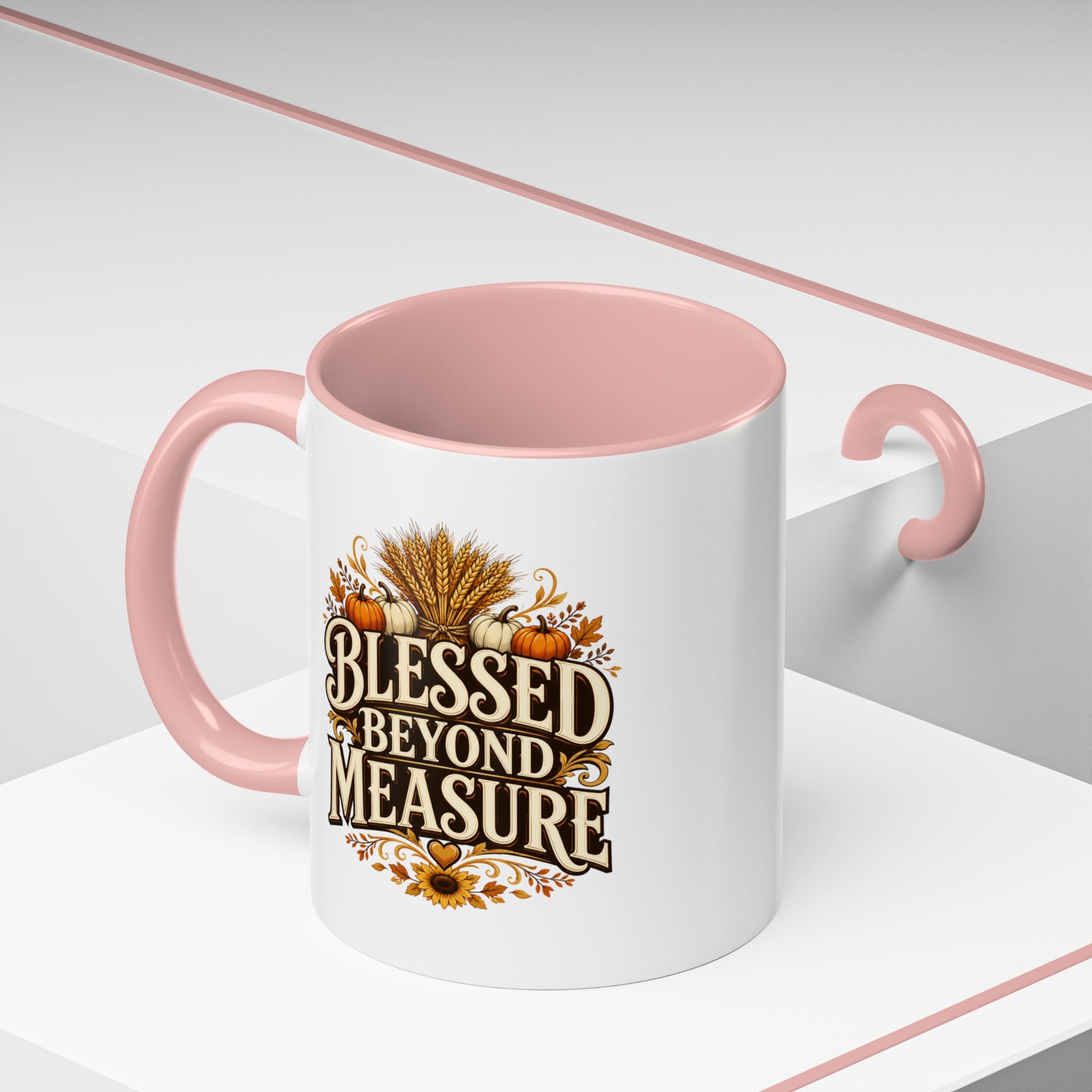 Thanksgiving Mug Blessed Beyond Measure Accent Coffee Mug — Fall Pumpkin & Wheat Autumn Faith Mug