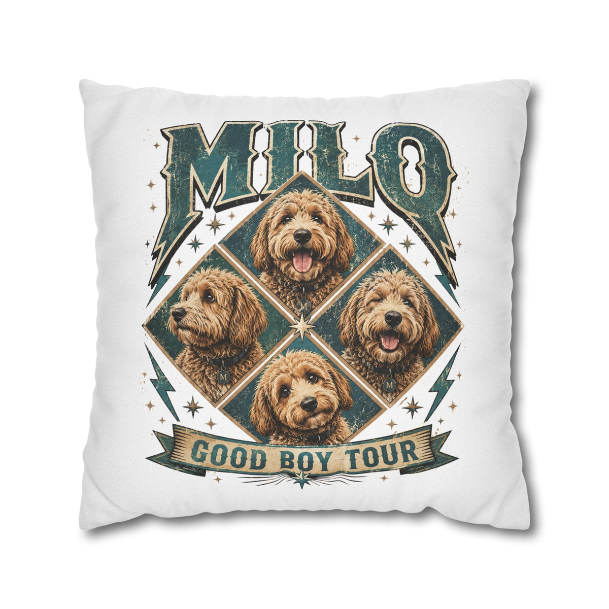 Milo “Good Boy Tour” Dog Photo Square Pillowcase Milo Bailey Dog Dad Mom