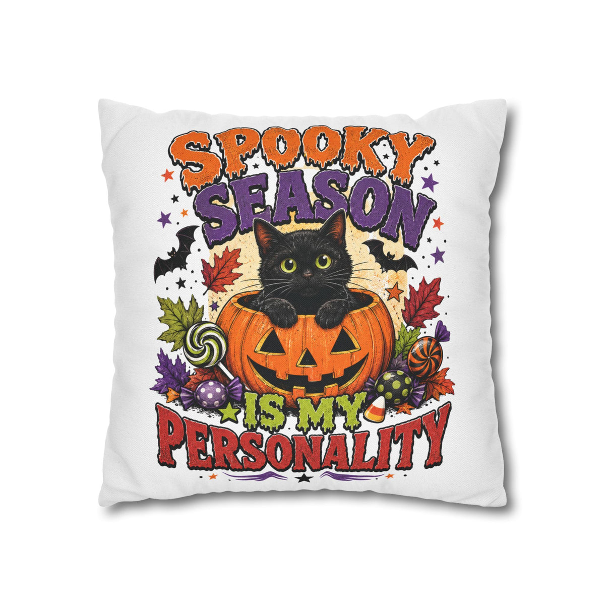 Halloween Pillowcase — "Spooky Season Is My Personality" Black Cat & Pumpkin Decorative Pillow Cover
