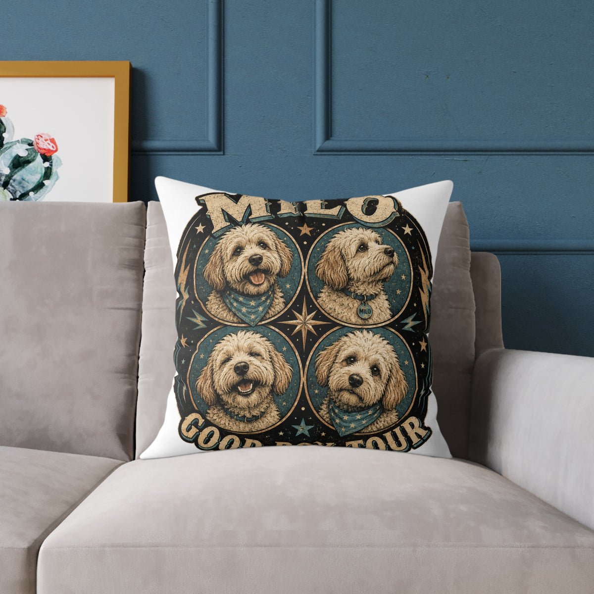 Personalized Dog Pillow  Milo Bailey Dog Dad Mom— 'Milo' Retro Pet Portrait Cushion (Good Boy Tour Design)