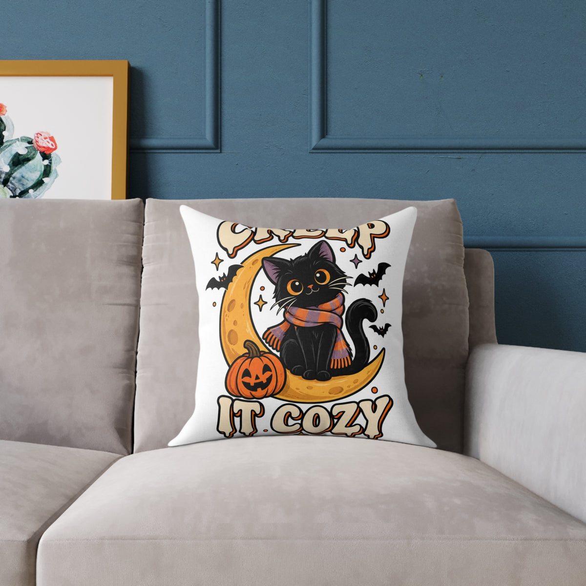 Halloween Cat Pillow — "Creep It Cozy" Decorative Square Throw Pillow