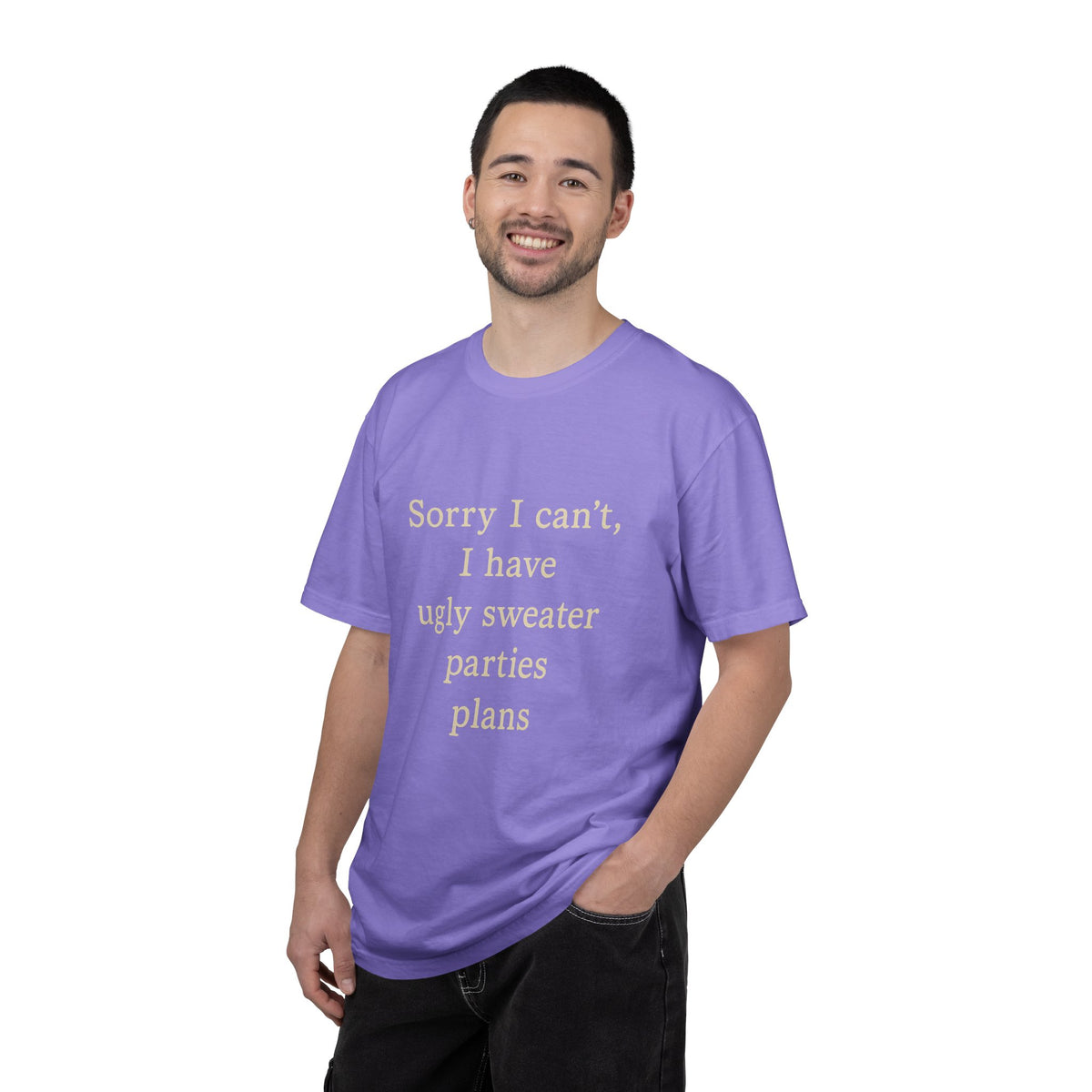 Funny Holiday Party Tee — "Sorry I can't, I have ugly sweater parties plans" T-Shirt - Trending Now - October 2026
