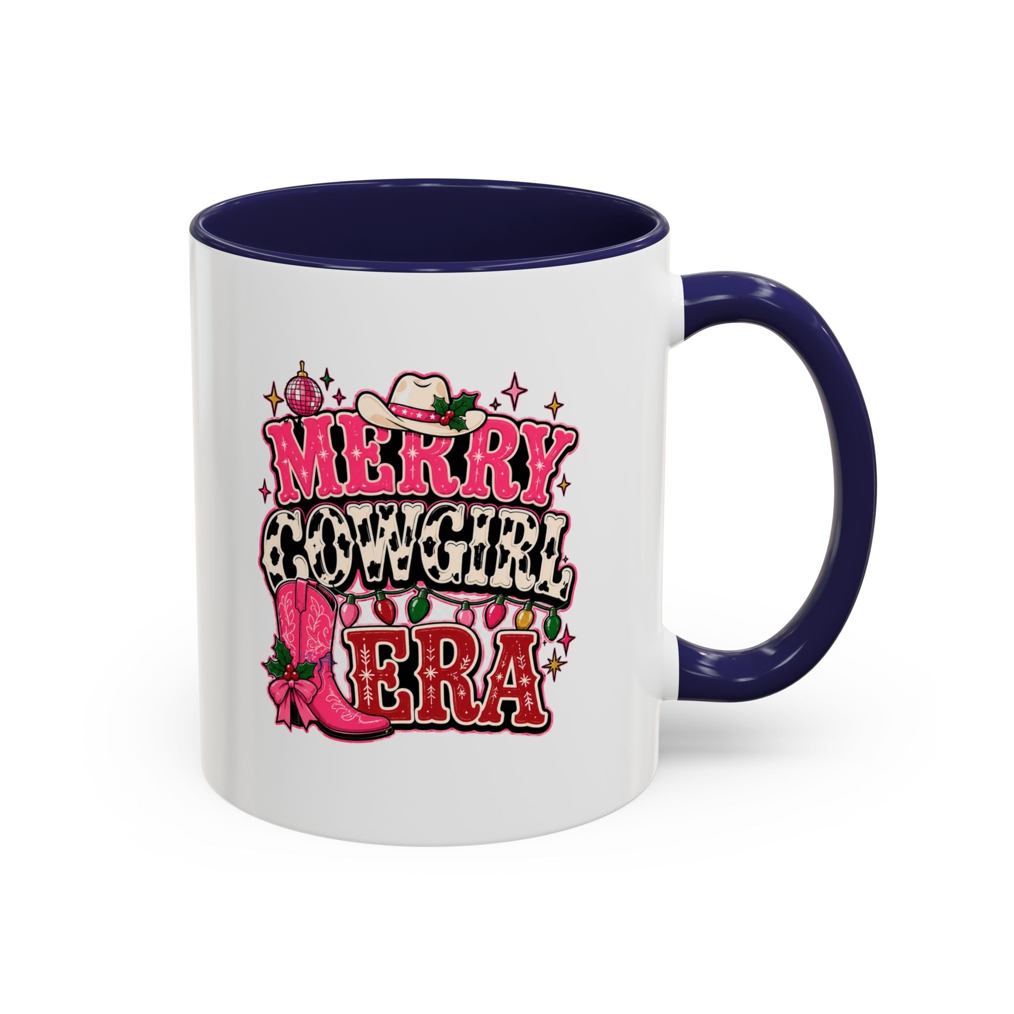 Modern Day Christmas Merry Cowgirl Era Accent Coffee Mug — Festive Pink Western Cowboy Boots & Hat Mug