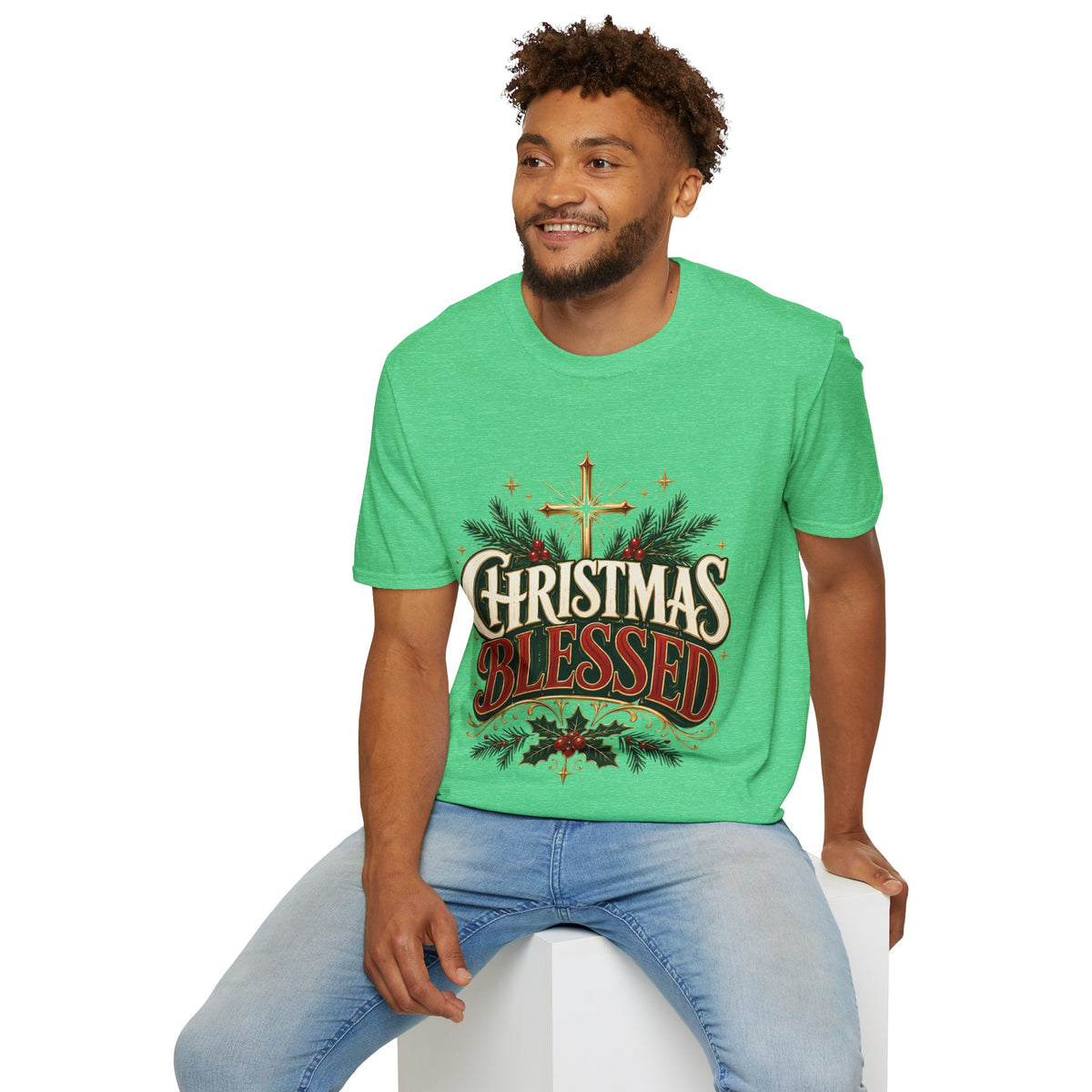 Christmas Blessed T-Shirt — Faith-Based Holiday Tee with Cross & Pine Design