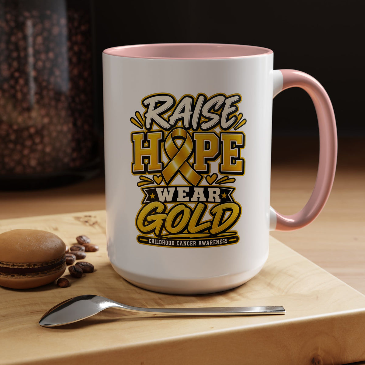 Raise Hope Wear Gold Cancer Awareness Coffee Mug (Accent, 11/15oz)
