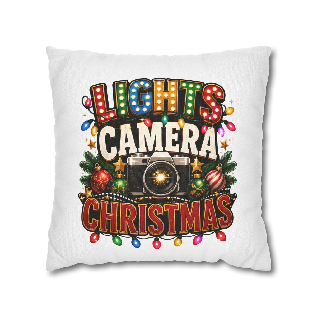 Christmas Photographer Pillowcase – “Lights Camera Christmas” Decorative Throw Pillow