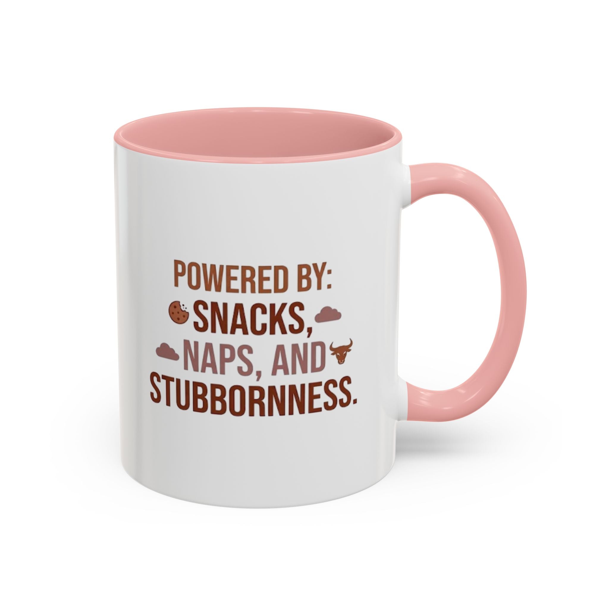 Coffee Mug — "Powered by: Snacks, Naps, and Stubbornness" Ceramic Accent Mug