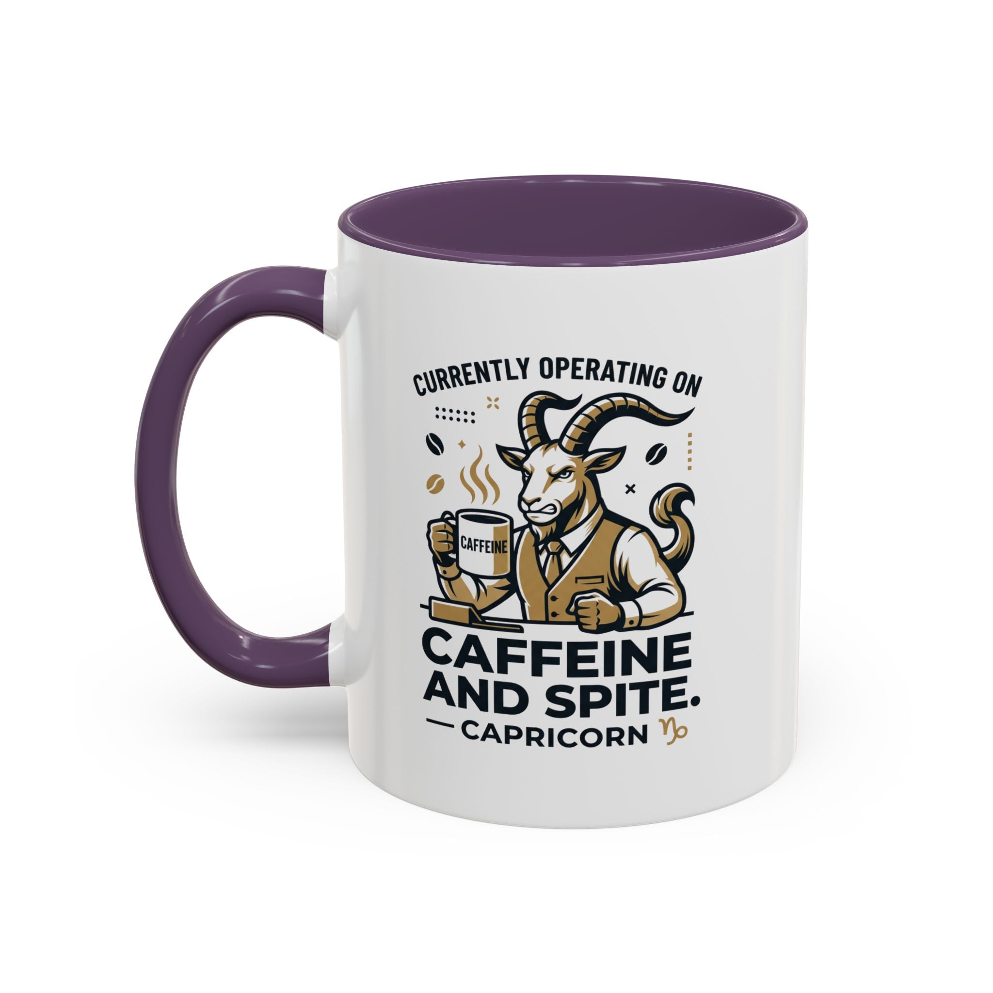 Capricorn Coffee Mug — “Currently Operating on Caffeine and Spite” Accent Mug (11/15oz)
