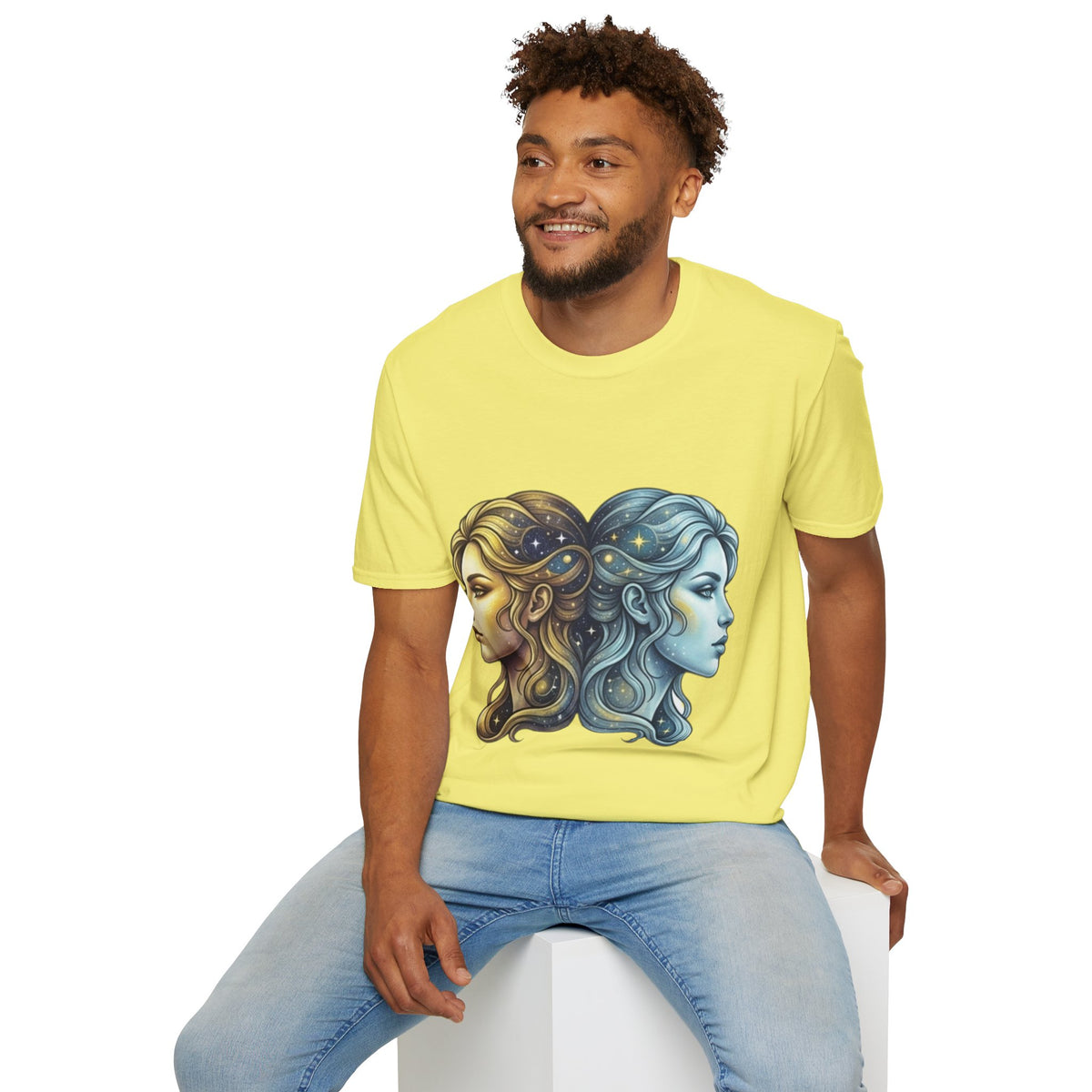 Zodiac Gemini Sun & Moon T-Shirt — Dual Faces Cosmic Design