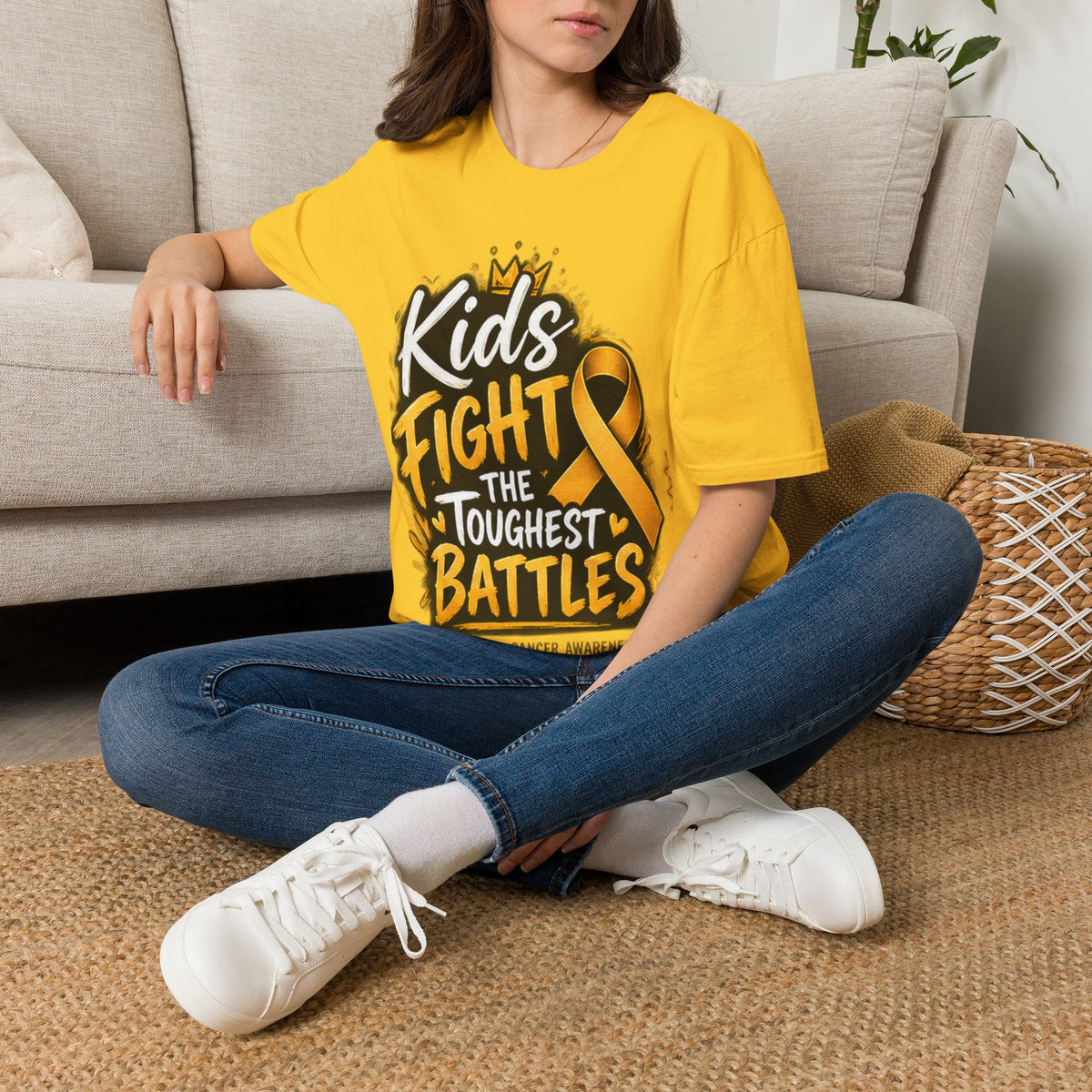 Children's Cancer Awareness T-Shirt — "Kids Fight The Toughest Battles" Gold Ribbon
