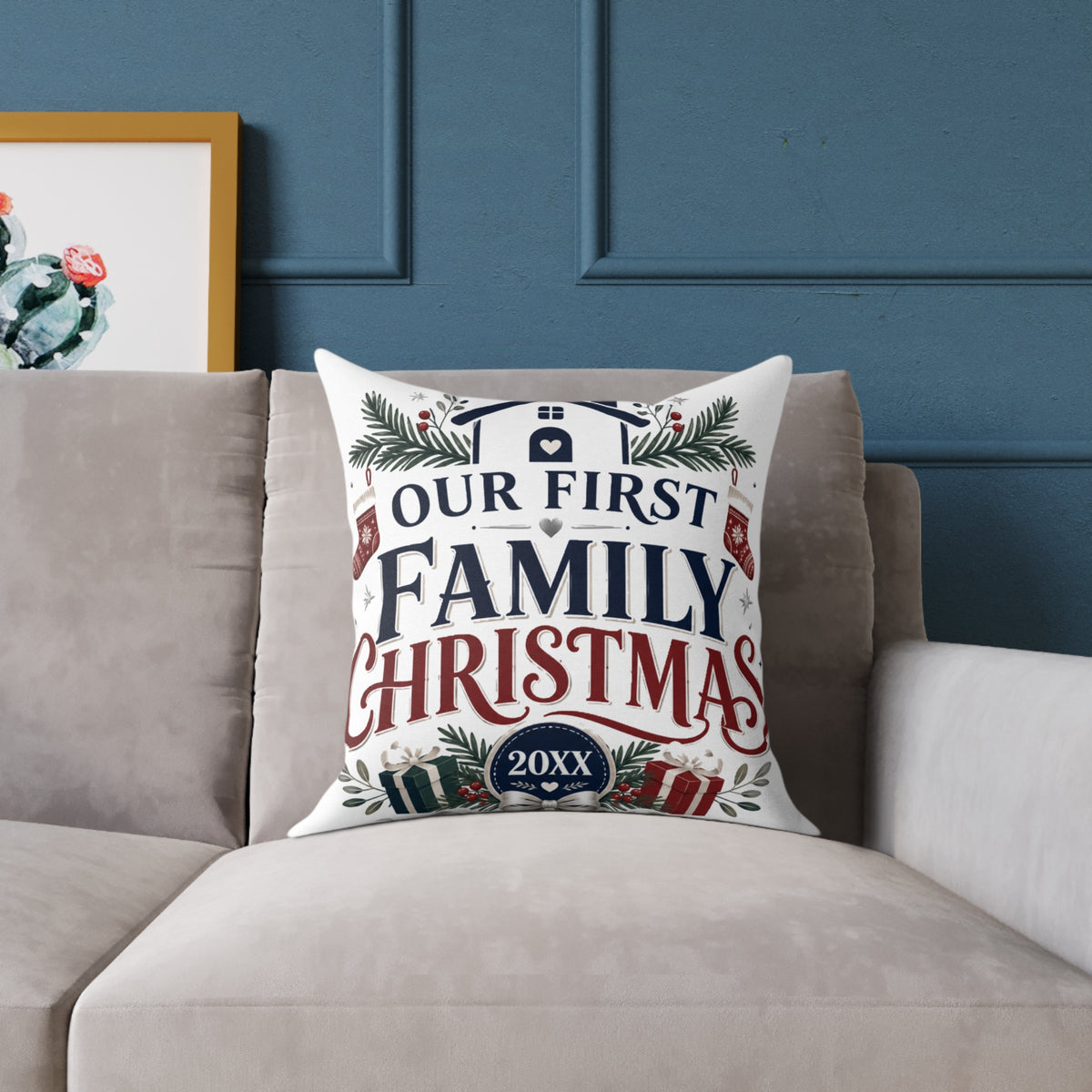 Our First Family Christmas Pillow — Personalized Holiday Decorative Throw Cushion