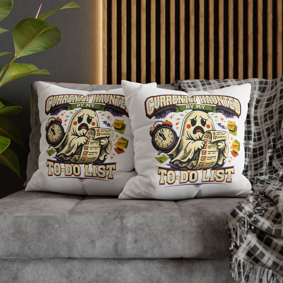 Halloween Ghost Pillowcase — "Currently Haunted by My To-Do List" Decorative Throw Pillow