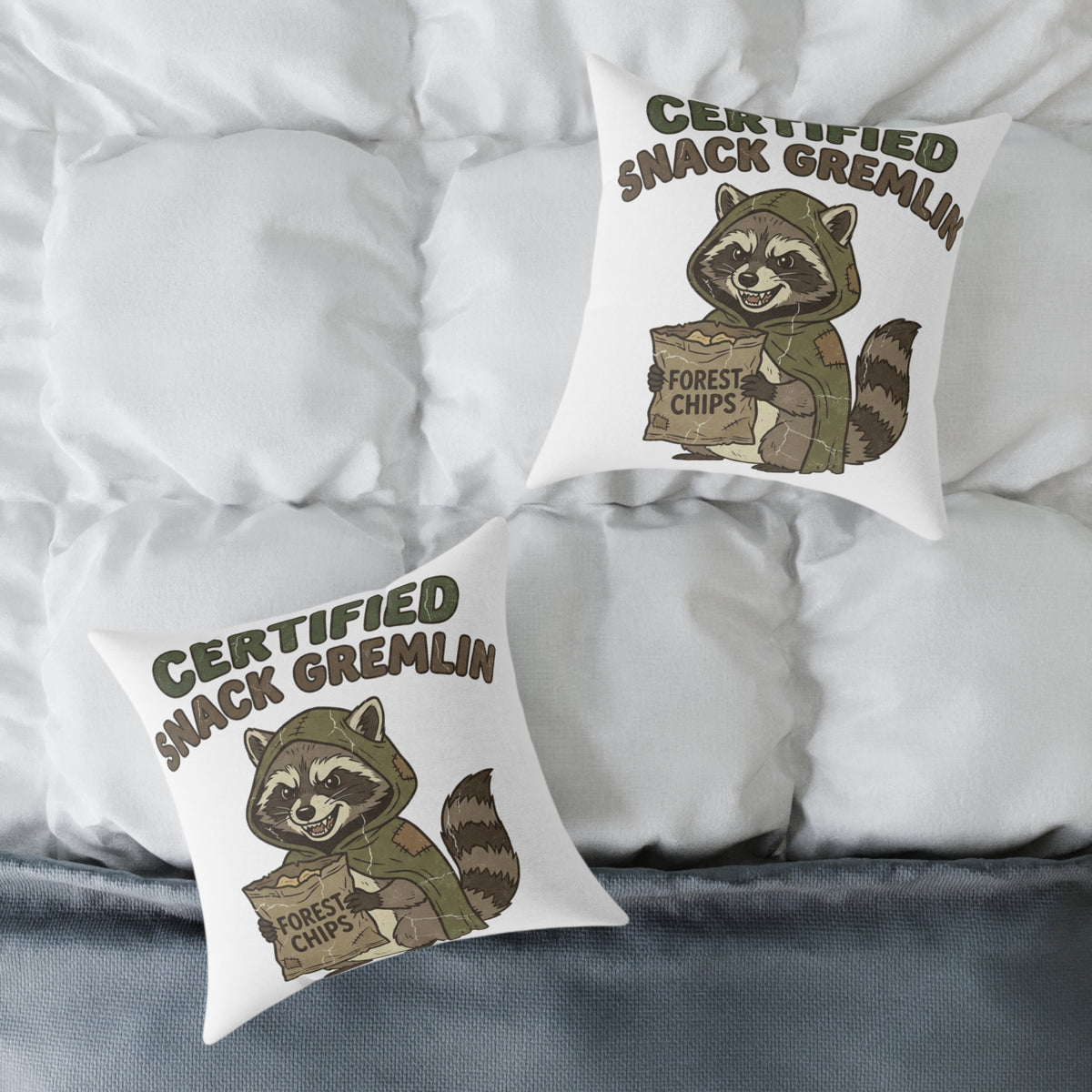 Funny Certified Snack Gremlin Raccoon Pillow — Cute Animal Snack Lover Throw Pillow