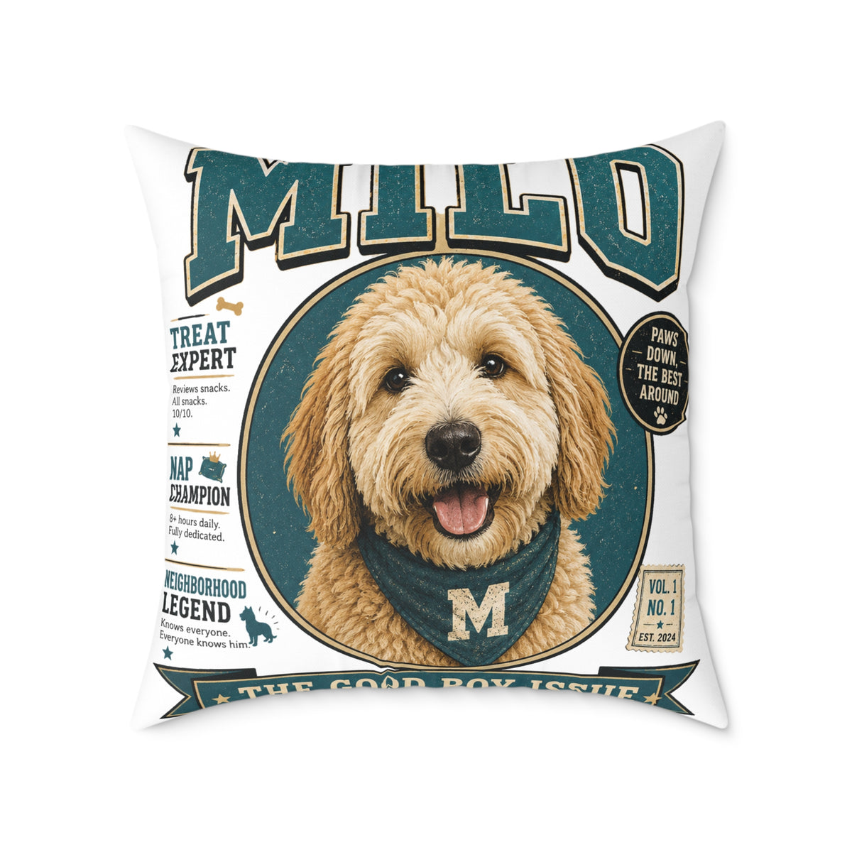 Personalized Dog Portrait Pillow — Milo Bailey Dog Dad Mom  'Milo' Vintage Pet Photo Square Throw Pillow