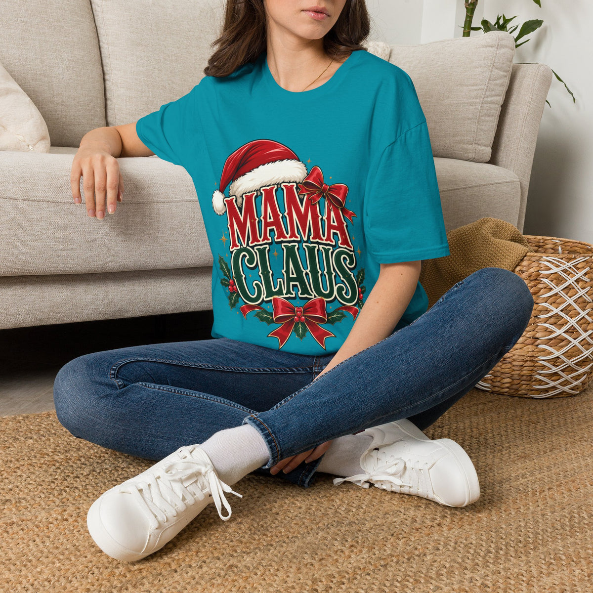 Mama Claus T-Shirt — Festive Christmas Mom Tee with Santa Hat & Bow