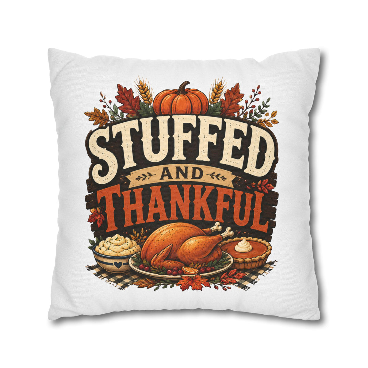 Thanksgiving Decorative Pillowcase – “Stuffed and Thankful” Autumn Throw Pillowcase