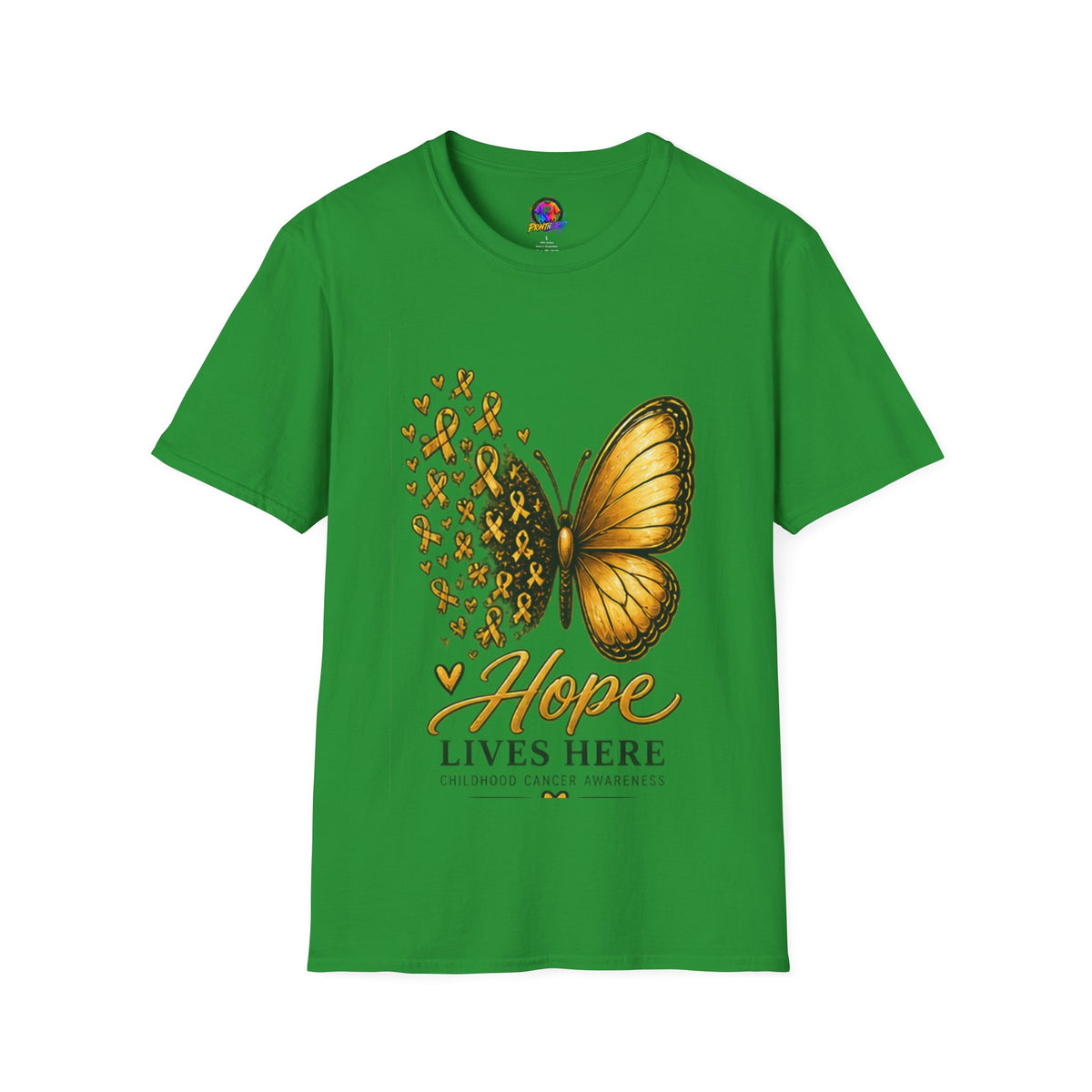 Hope Lives Here Gold Ribbon Butterfly Childhood Cancer Awareness T-Shirt