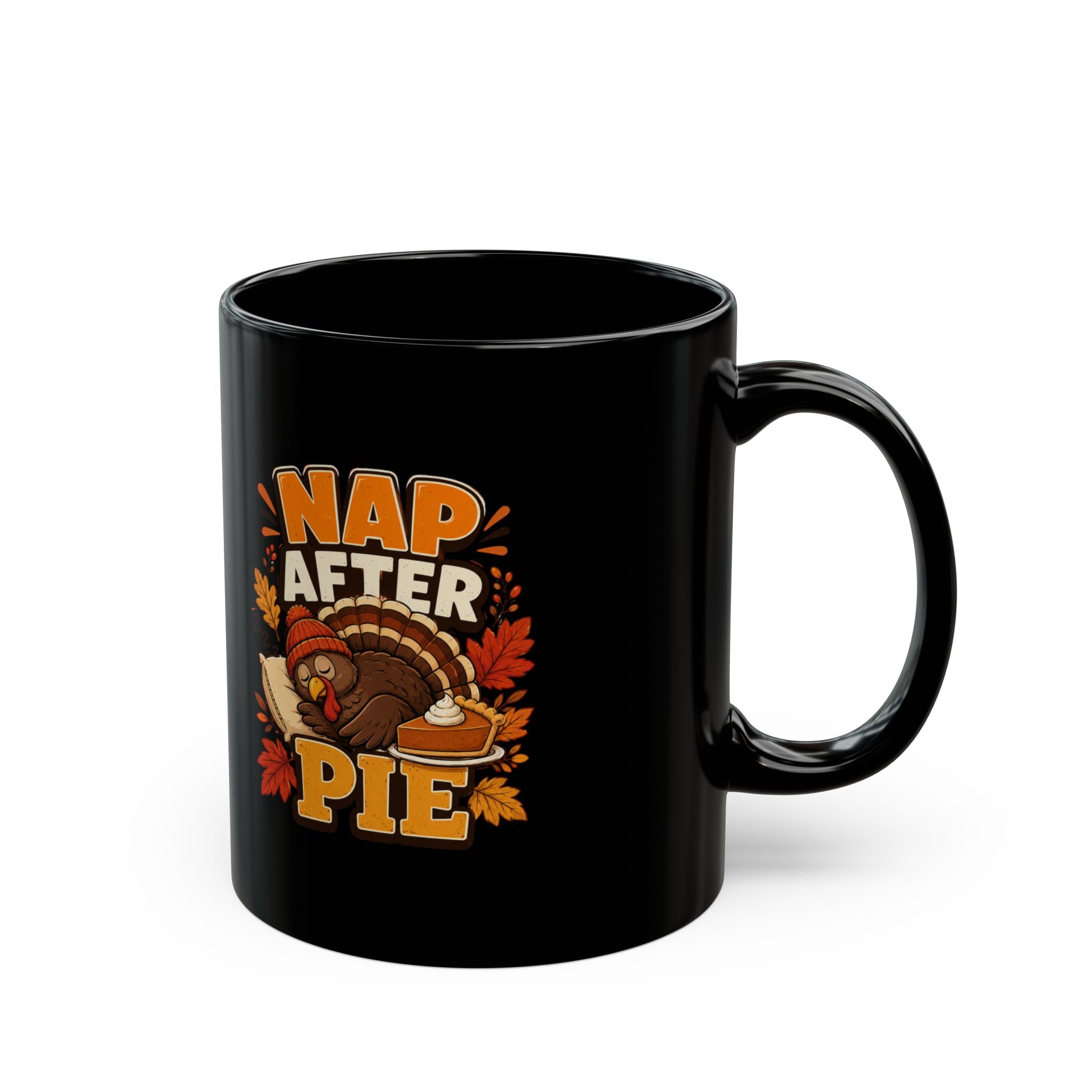 Thanksgiving Black Mug — "Nap After Pie" Turkey Coffee Cup