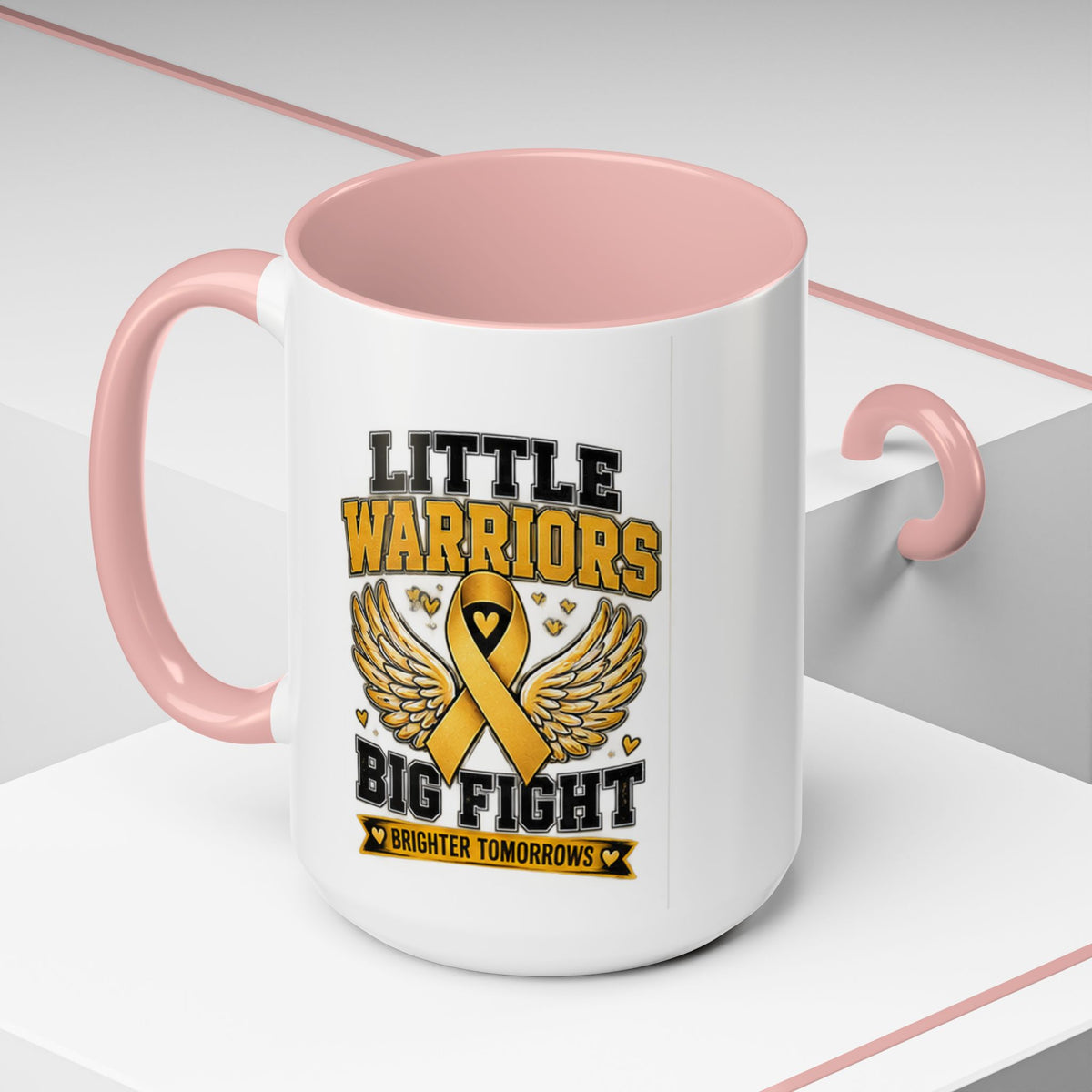 Little Warriors Big Fight Childhood Cancer Awareness Coffee Mug — Gold Ribbon Support Accent Mug