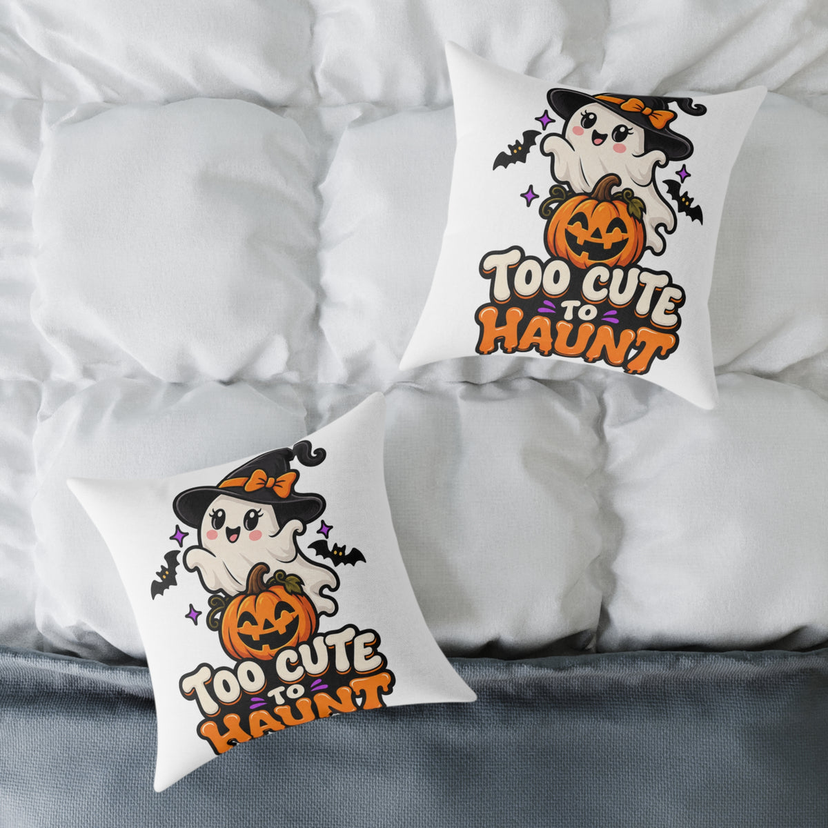 Halloween Ghost Pillow — "Too Cute to Haunt" Cute Pumpkin Decor