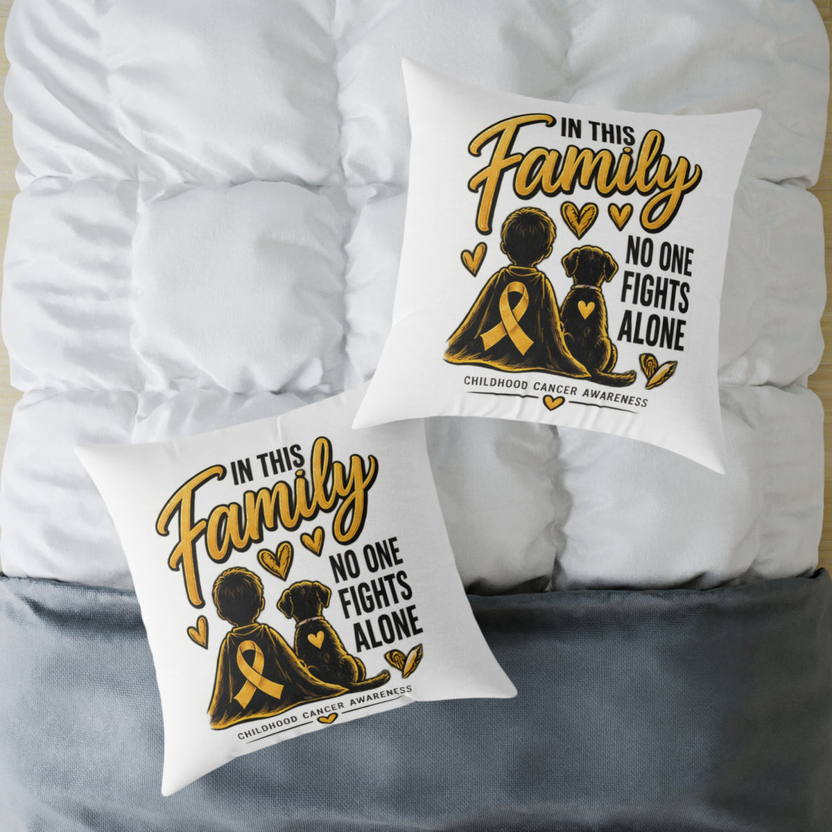 Childhood Cancer Awareness Square Pillow — "In This Family No One Fights Alone"