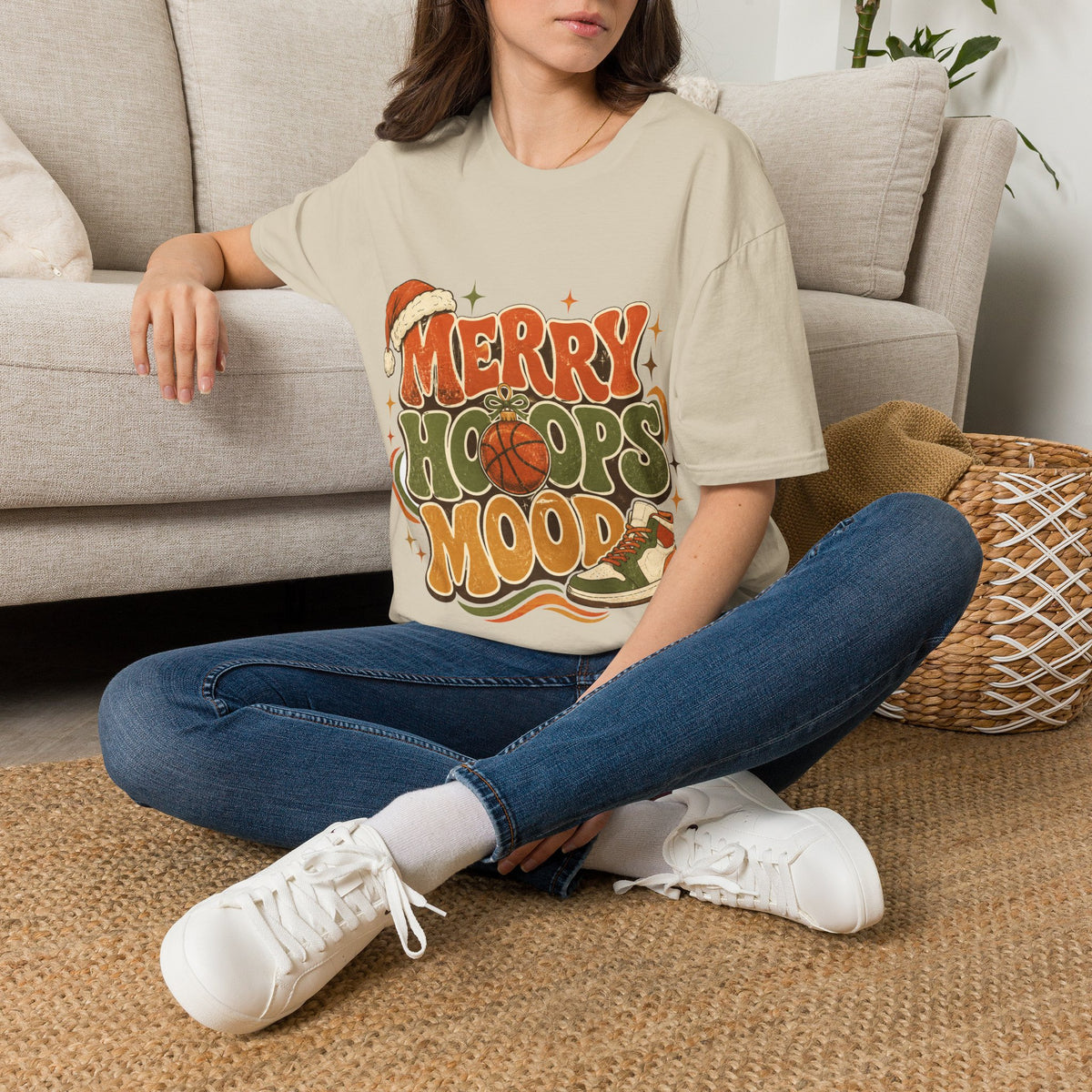 Merry Hoops Mood T-Shirt — Retro Holiday Basketball Christmas Tee