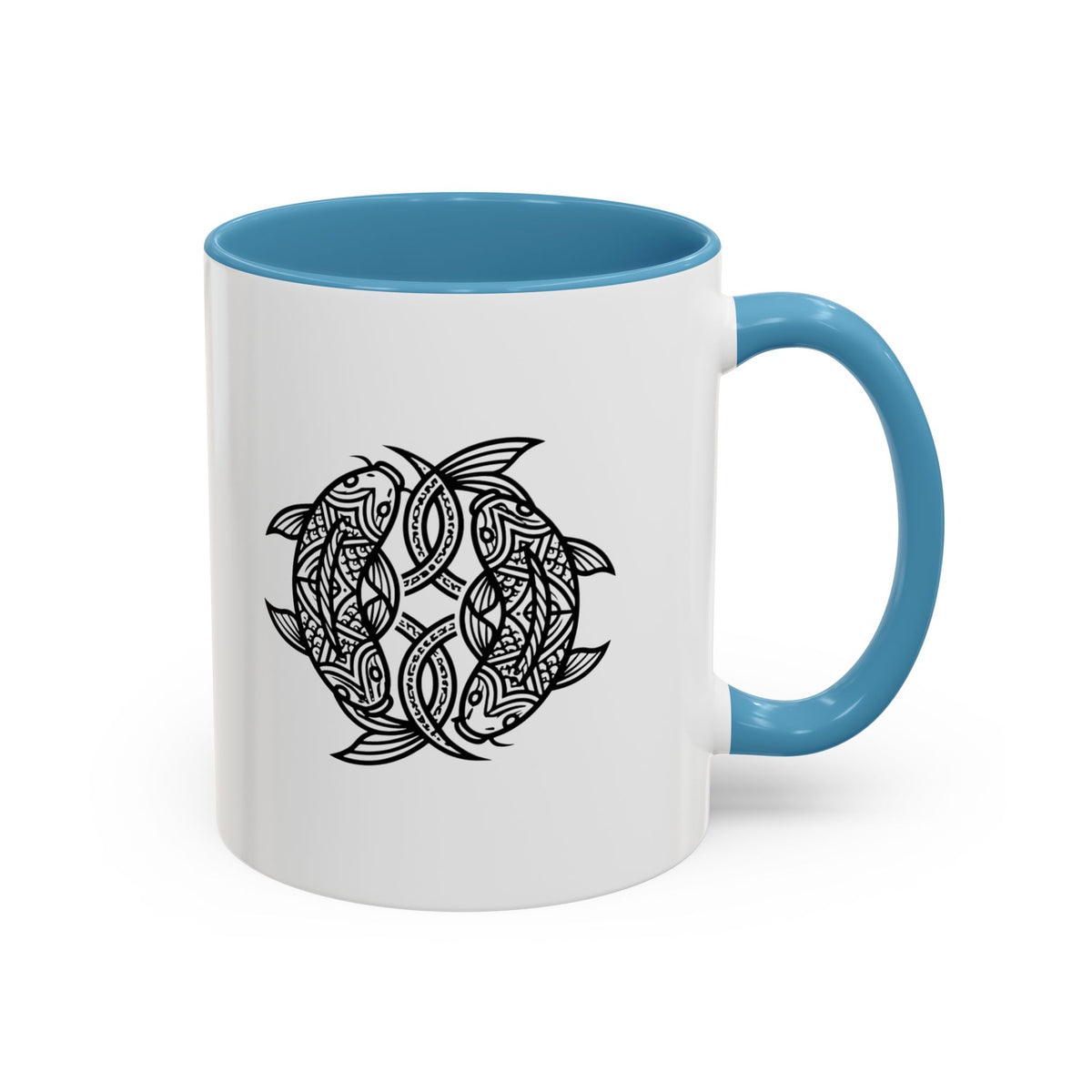 Pisces Zodiac Turtle Mandala Accent Coffee Mug – Black Interior & Handle, Intricate Tribal Sea Turtle Design