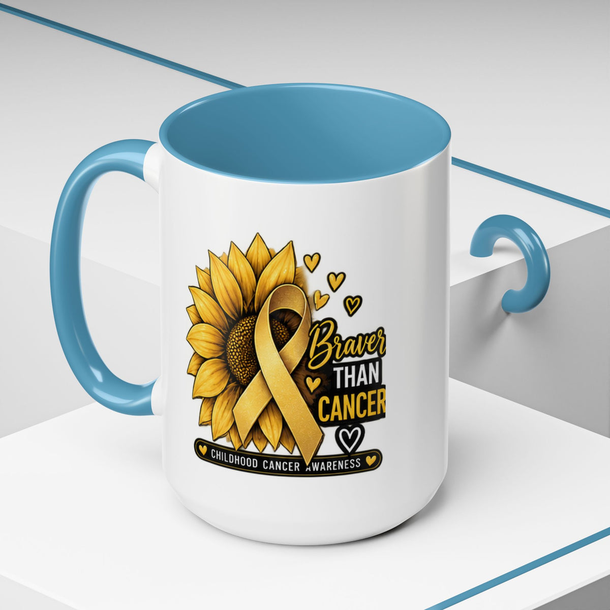 Childhood Cancer Awareness Mug — "Braver Than Cancer" Sunflower & Gold Ribbon