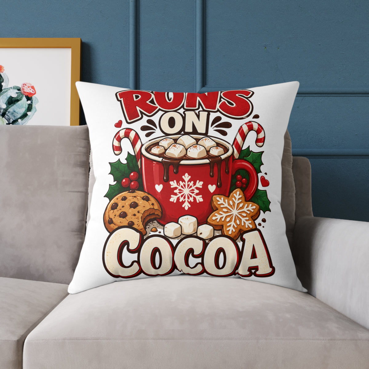 Christmas Square Pillow - "Runs on Cocoa" Holiday Hot Chocolate Decorative Throw Pillow