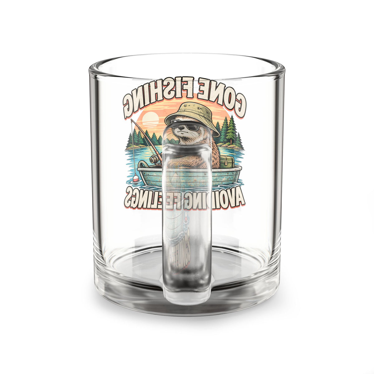 Gone Fishing Avoiding Feelings Glass Mug — Funny Glass Mug 10oz Funny Sloth Fishing Coffee Cup