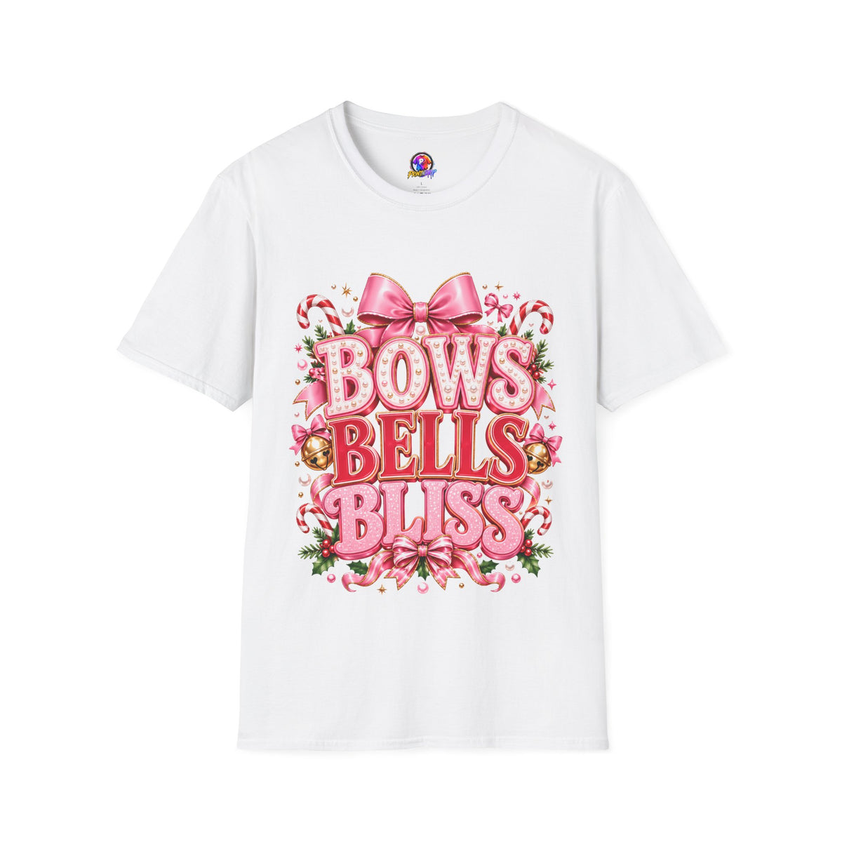 Bows Bells Bliss Christmas T‑Shirt — Pink Holiday Bow Graphic