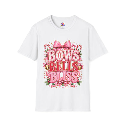 Bows Bells Bliss Christmas T‑Shirt — Pink Holiday Bow Graphic
