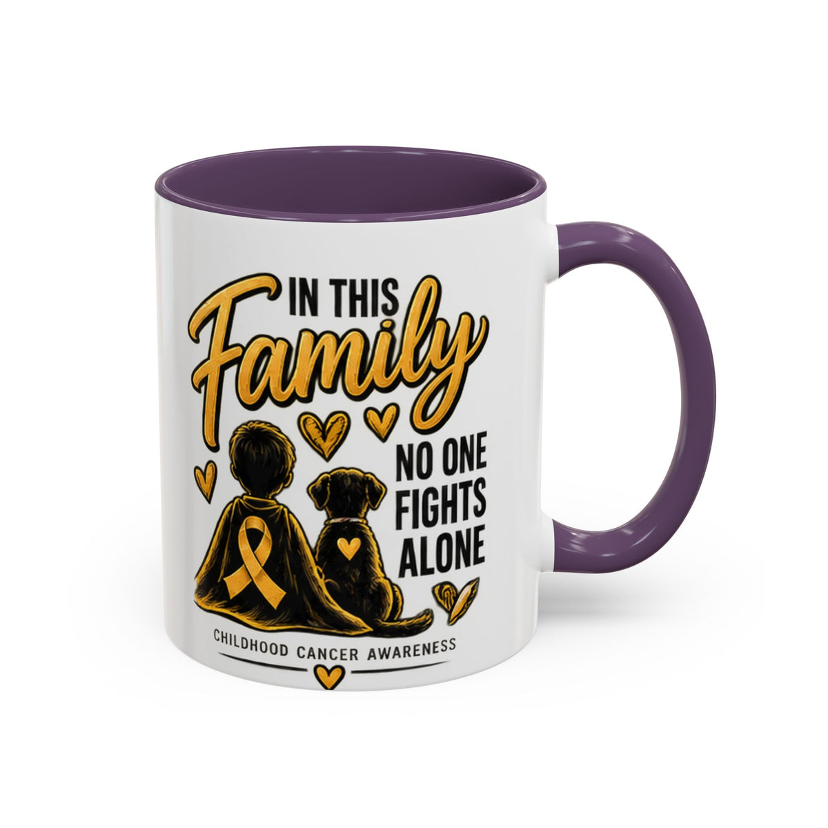 Childhood Cancer Awareness Accent Coffee Mug – "In This Family No One Fights Alone" (11/15oz)